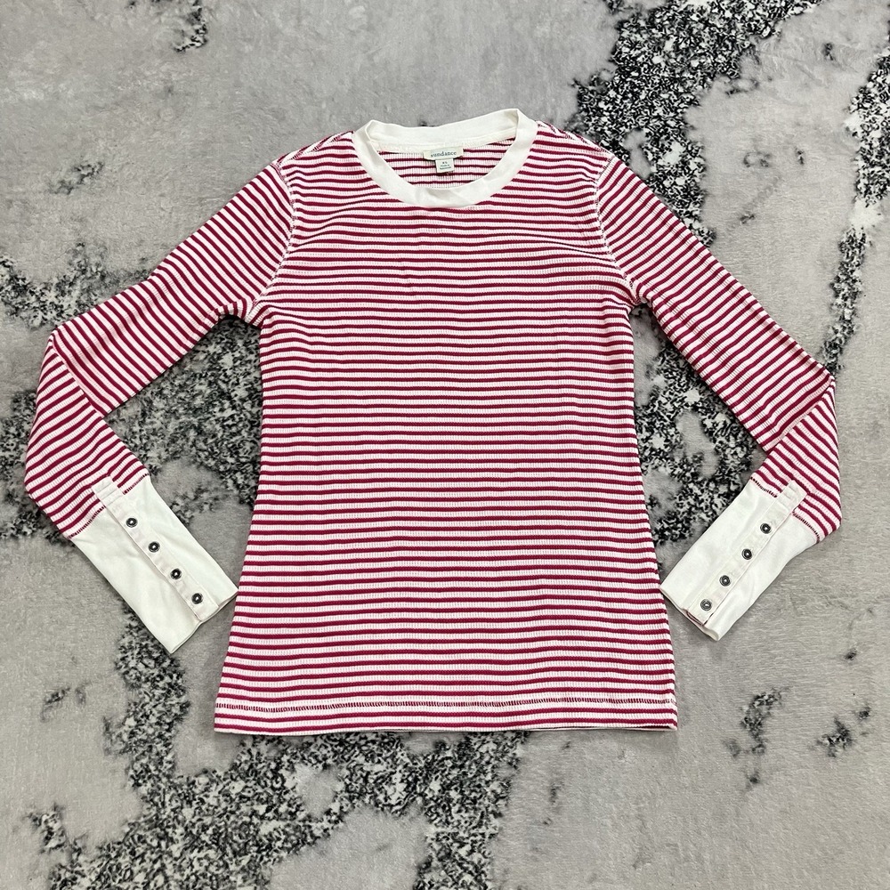 Sundance Striped Long Sleeve Thermal Top XS Red‎ White Snap Cuff Casual